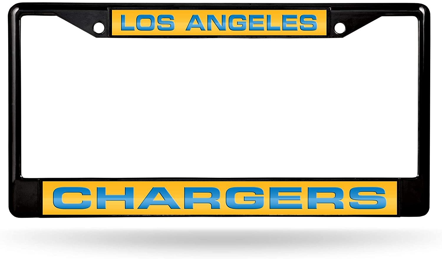 Los Angeles Chargers Black Metal License Plate Frame Tag Cover, Laser Acrylic Mirrored Inserts, 12x6 Inch