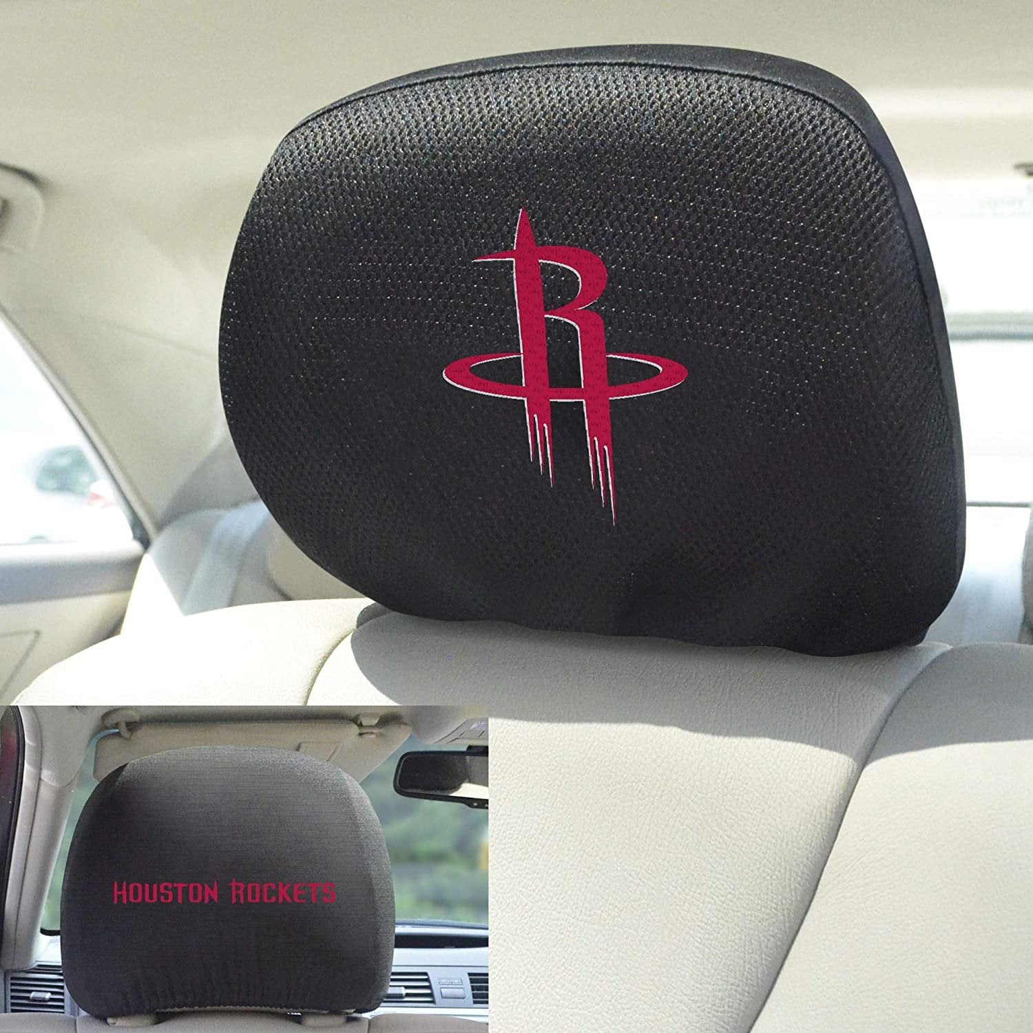 Houston Rockets Pair of Premium Auto Head Rest Covers, Embroidered, Black Elastic, 14x10 Inch