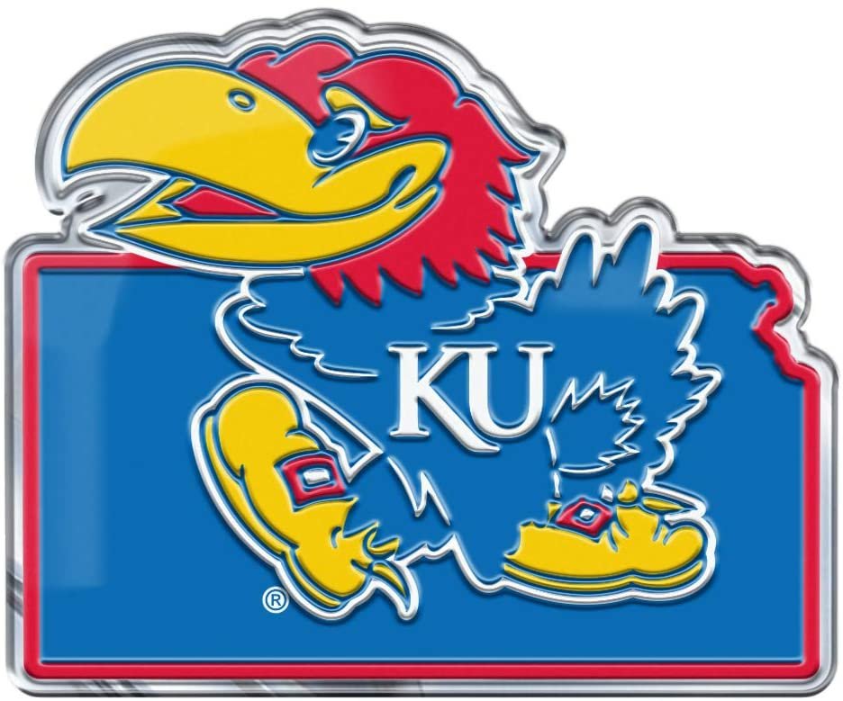 University of Kansas Jayhawks Team State Design Auto Emblem, Aluminum Metal, Embossed Team Color, Raised Decal Sticker, Full Adhesive Backing