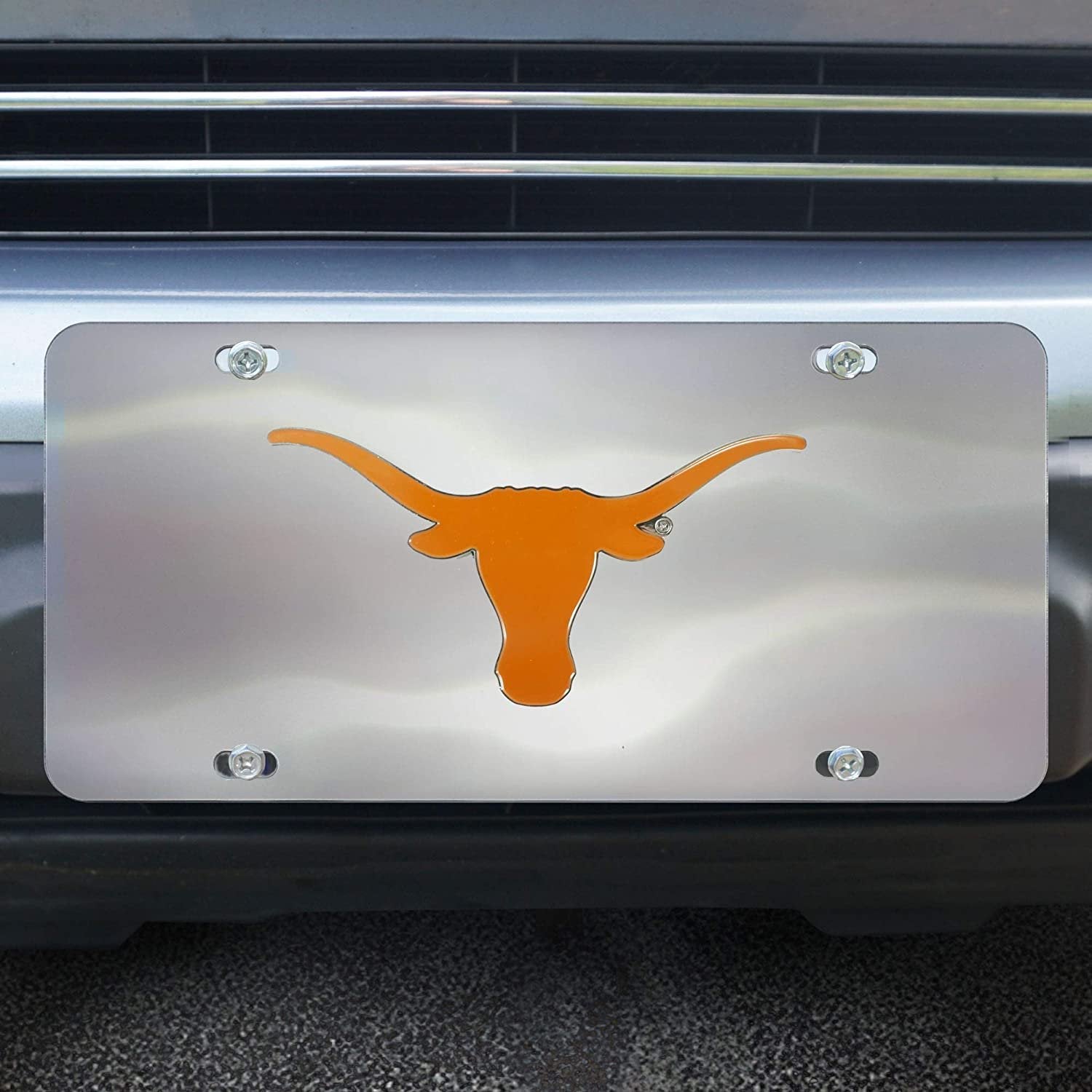 University of Texas Longhorns License Plate Tag, Premium Stainless Steel Diecast, Chrome, Raised Solid Metal Color Emblem, 6x12 Inch
