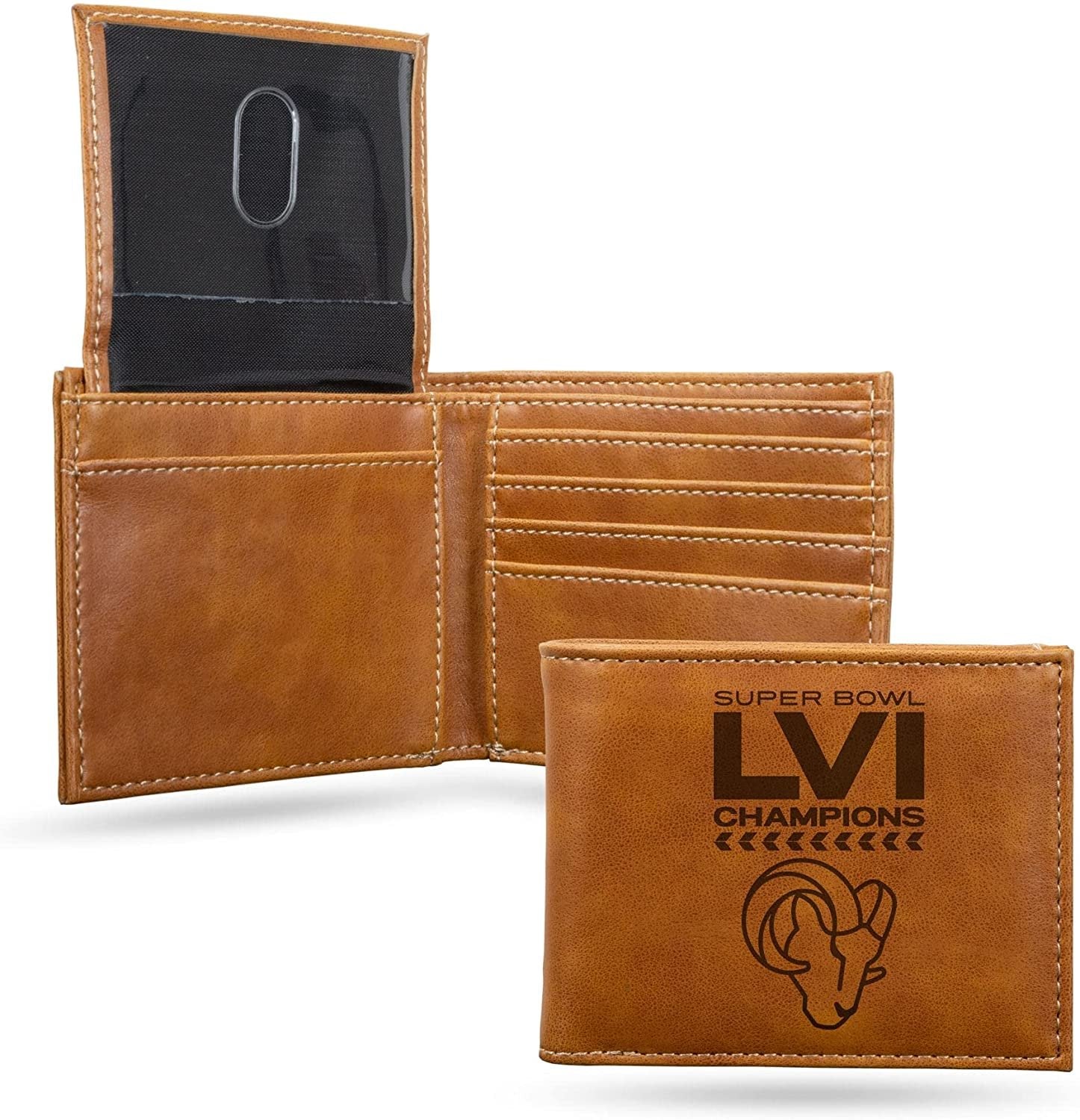 Los Angeles Rams Super Bowl LVI Champions Premium Brown Leather Wallet, Bifold Billfold, Embossed Laser Engraved