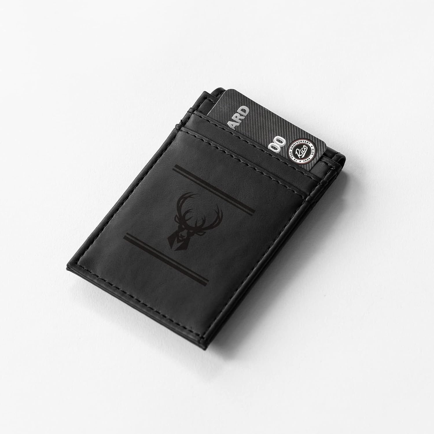 Milwaukee Bucks Premium Black Leather Wallet, Front Pocket Magnetic Money Clip, Laser Engraved, Vegan