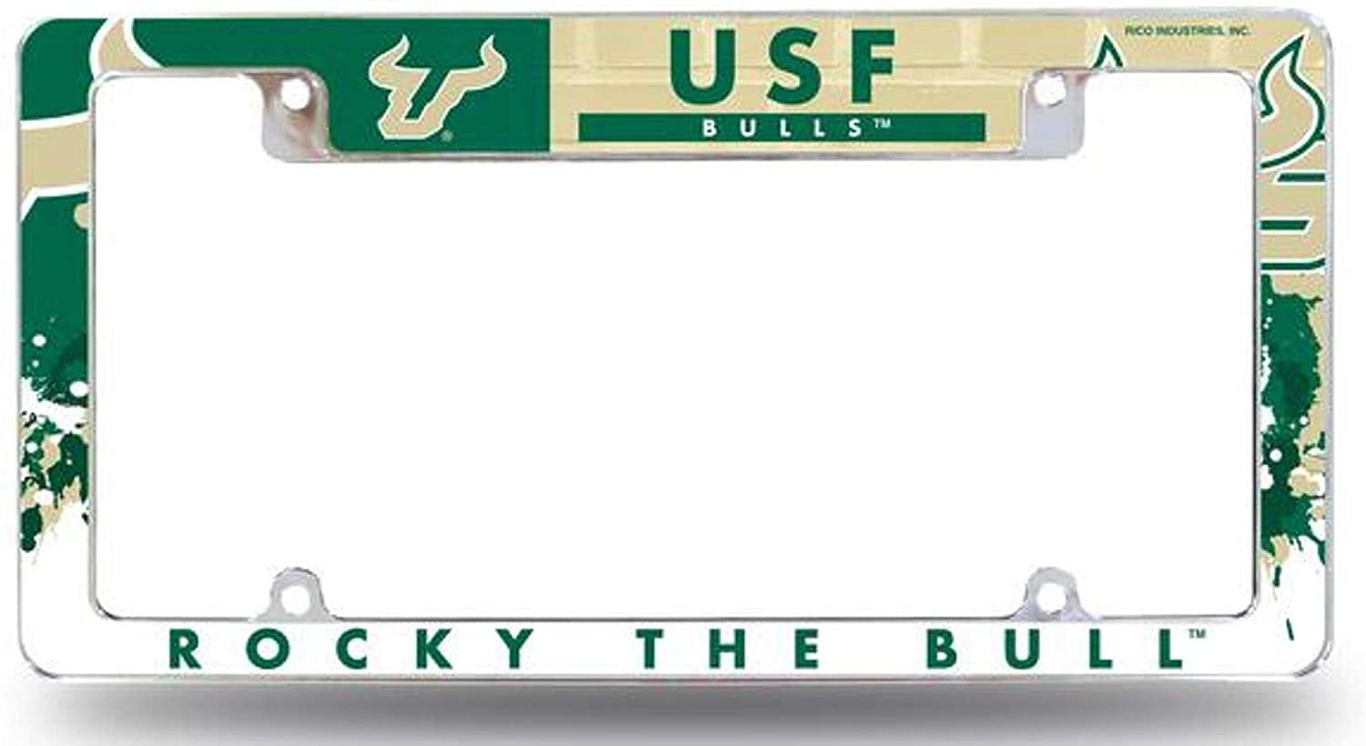 University of South Florida USF Bulls Metal License Plate Frame Tag Cover, All Over Design, 12x6 Inch