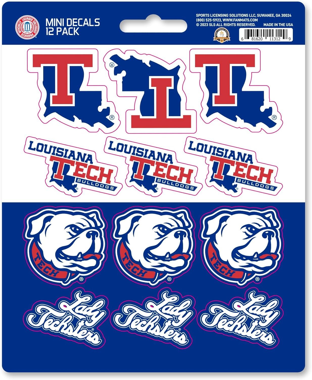 Louisiana Tech University Bulldogs 12-Piece Mini Decal Sticker Set, 5x6 Inch Sheet, Gift for football fans for any hard surfaces around home, automotive, personal items