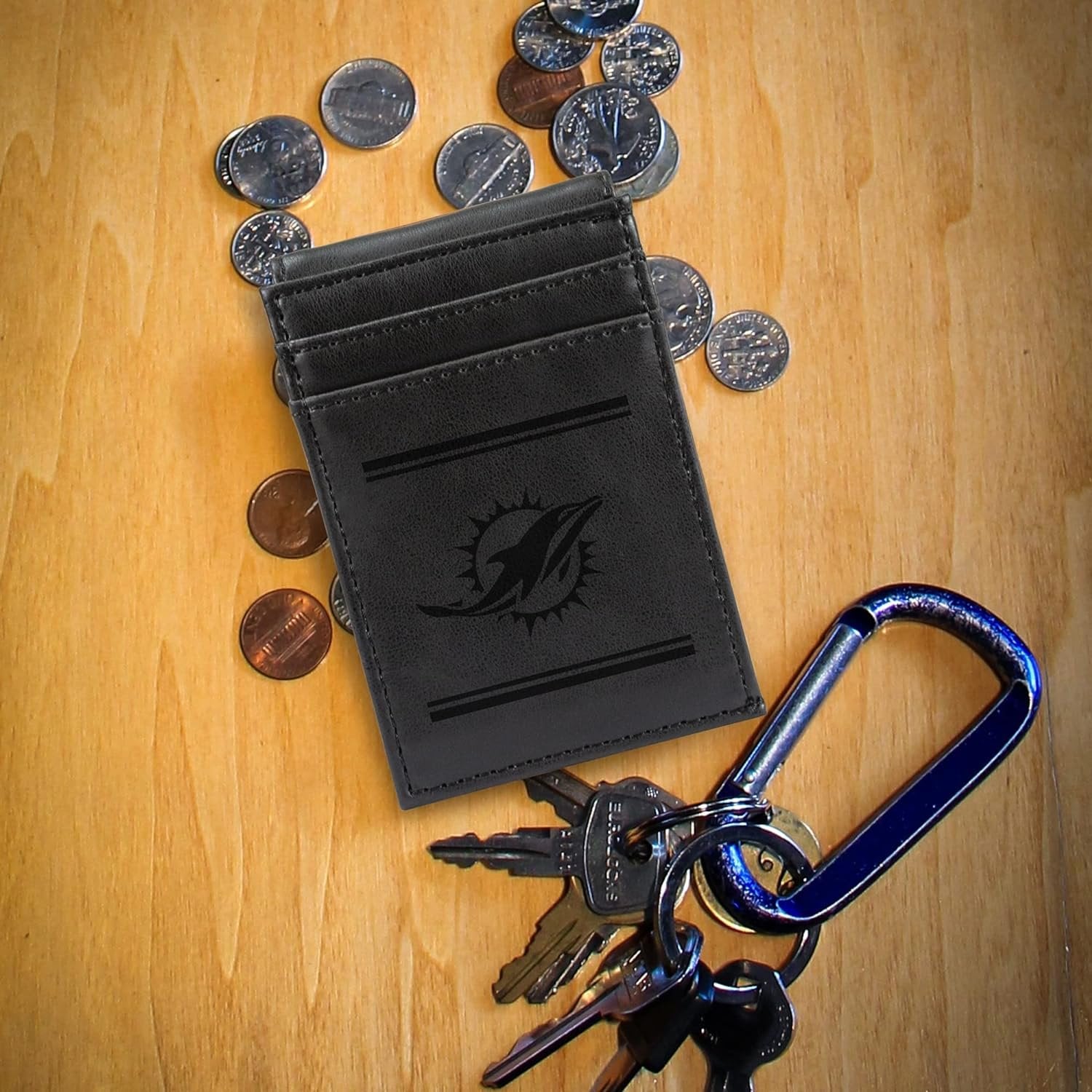 Miami Dolphins Premium Black Leather Wallet, Front Pocket Magnetic Money Clip, Laser Engraved, Vegan