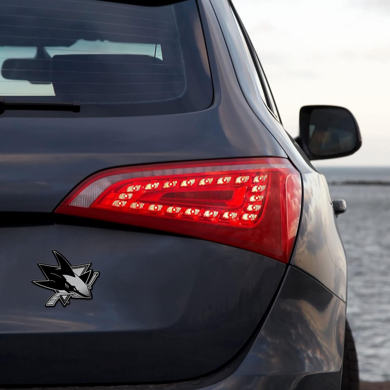 San Jose Sharks Auto Emblem, Silver Chrome Color, Raised Molded Plastic, 3.5 Inch, Adhesive Tape Backing