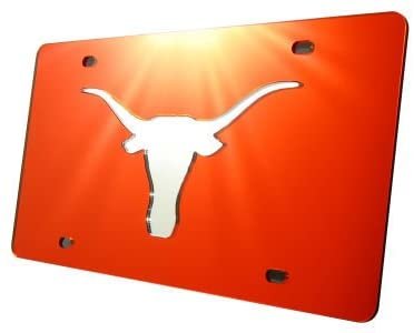 University of Texas Longhorns Premium Laser Cut Tag License Plate, Orange, Mirrored Acrylic Inlaid, 6x12 Inch