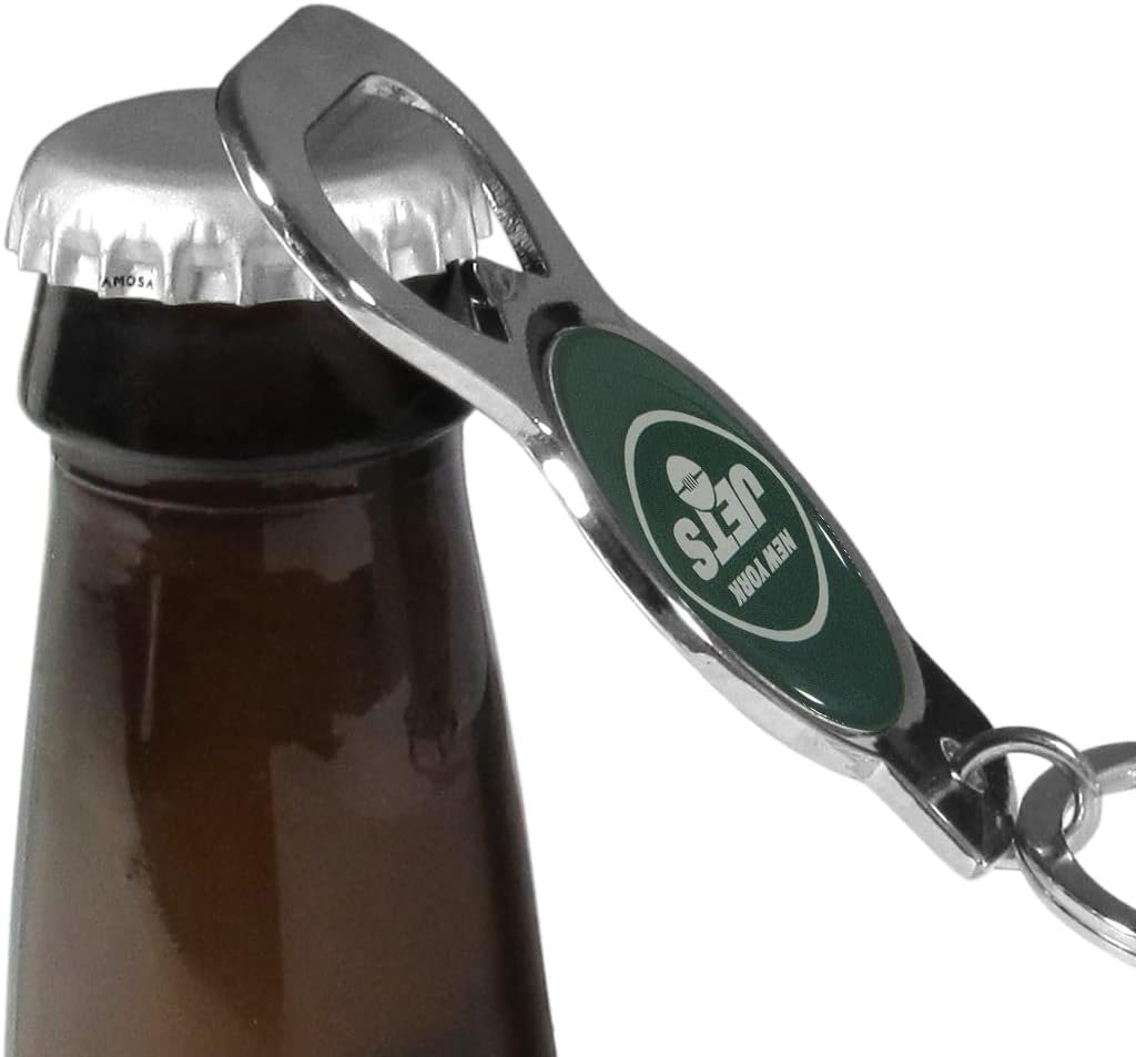 New York Jets Premium Solid Metal Bottle Opener Keychain, Silver Key Ring, Team Logo