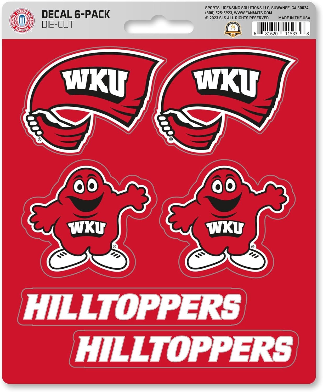 Western Kentucky University Hilltoppers 6-Piece Decal Sticker Set, 5x6 Inch Sheet, Gift for football fans for any hard surfaces around home, automotive, personal items