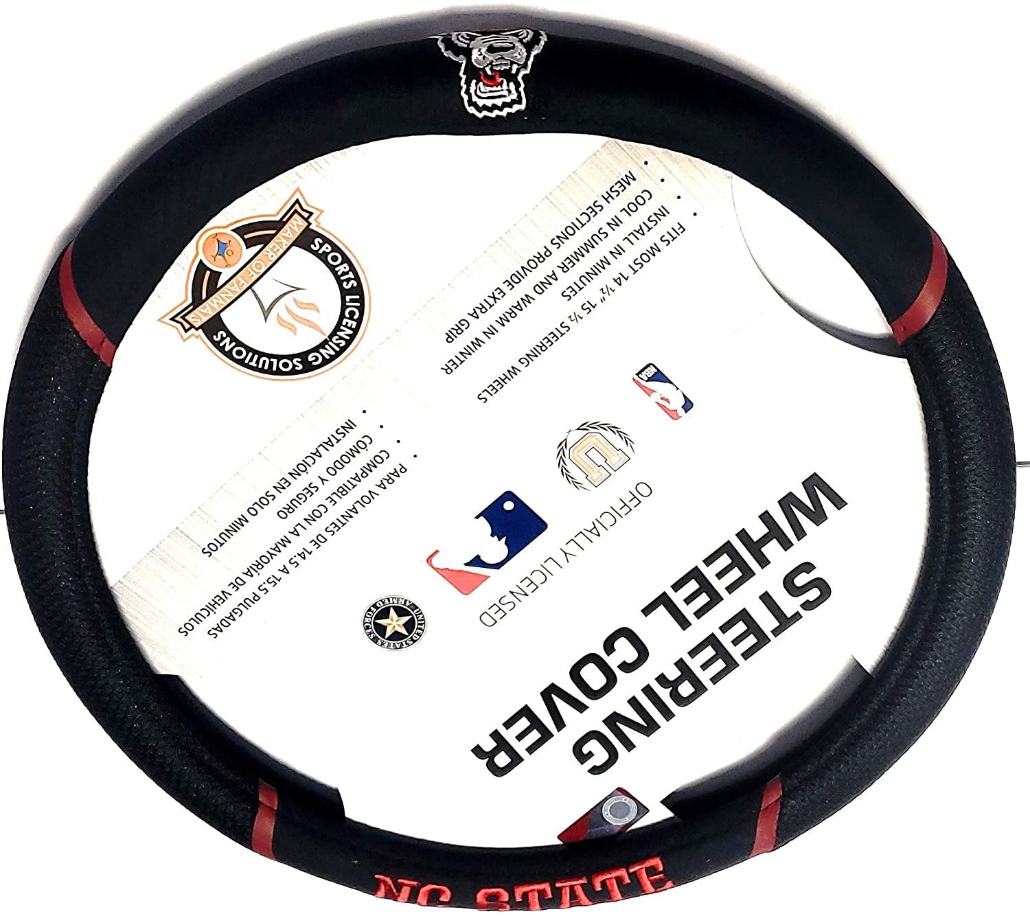 North Carolina State Wolfpack Steering Wheel Cover Embroidered Black 15 Inch University