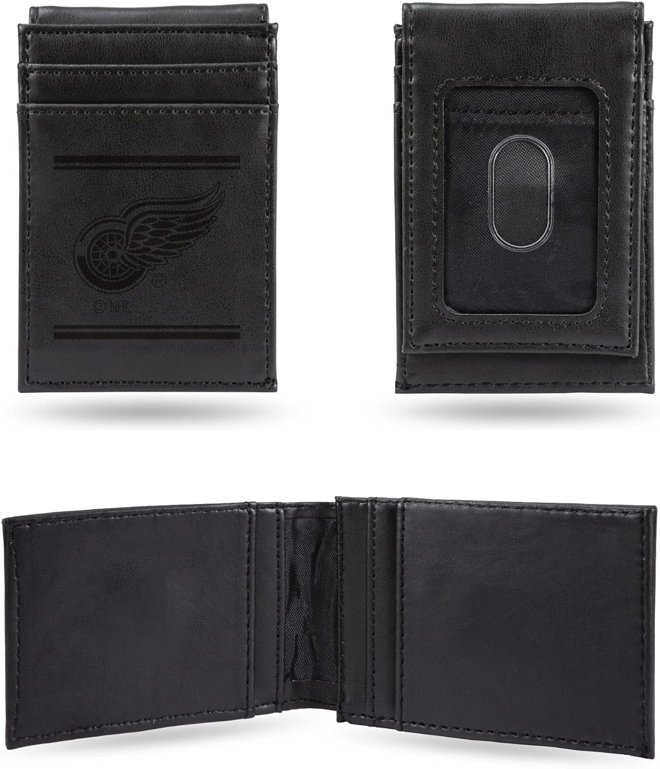 Detroit Red Wings Premium Black Leather Wallet, Front Pocket Magnetic Money Clip, Laser Engraved, Vegan