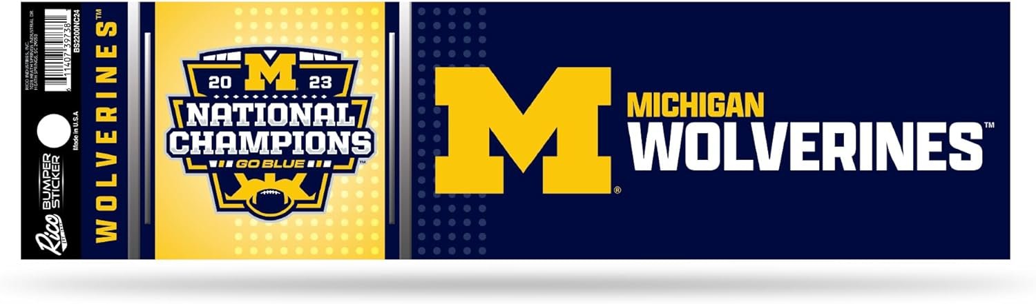 University of Michigan Wolverines 2024 Champions Bumper Sticker, 3x12 Inch, Full Adhesive Backing, Flat Vinyl, Officially Licensed