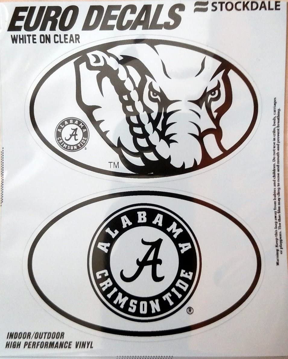 University of Alabama Crimson Tide 2-Piece White and Clear Euro Decal Sticker Set, 4x2.5 Inch Each