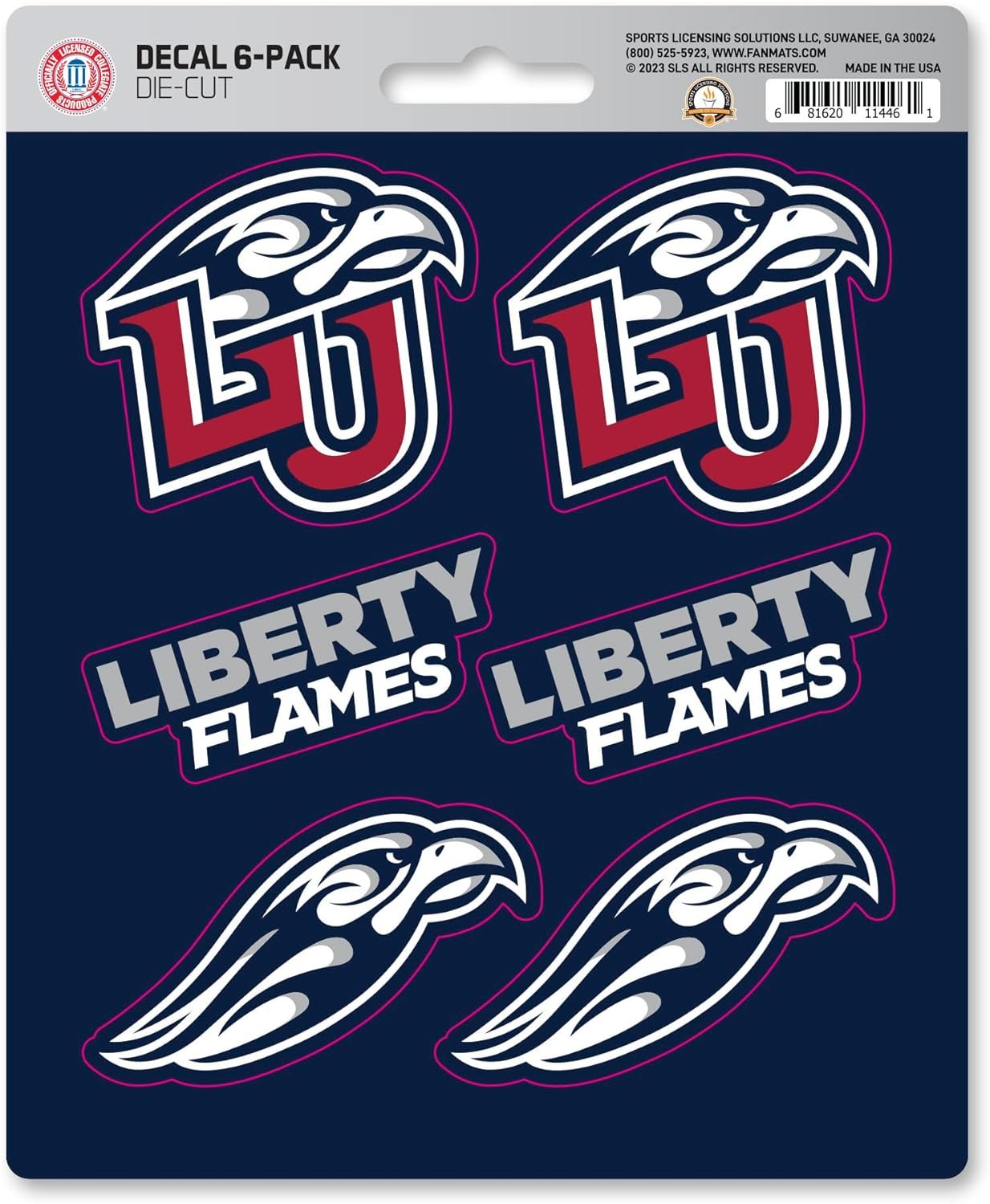 Liberty University Flames 6-Piece Decal Sticker Set, 5x6 Inch Sheet, Gift for football fans for any hard surfaces around home, automotive, personal items