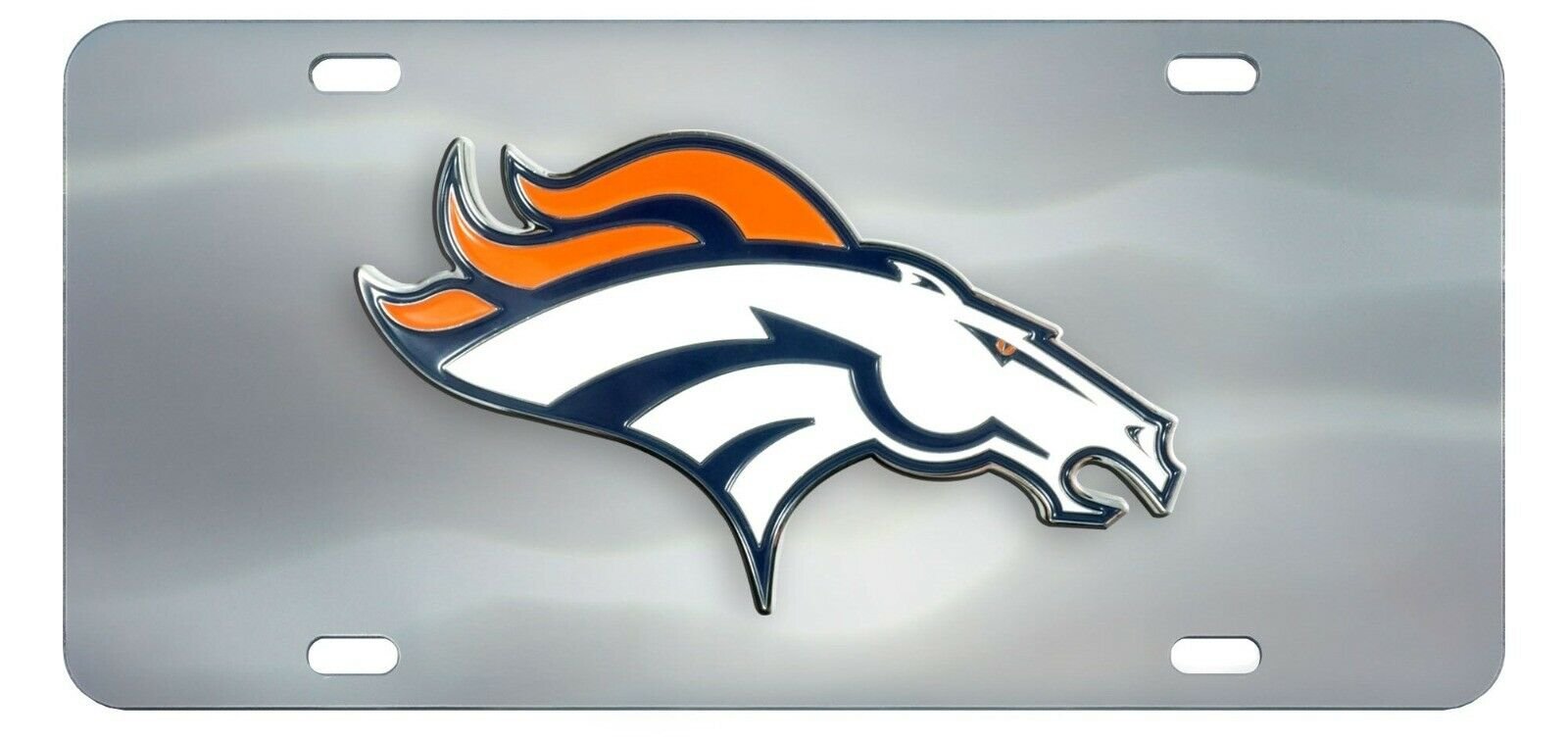 Denver Broncos License Plate Tag, Premium Stainless Steel Diecast, Chrome, Raised Solid Metal Color Emblem, 6x12 Inch