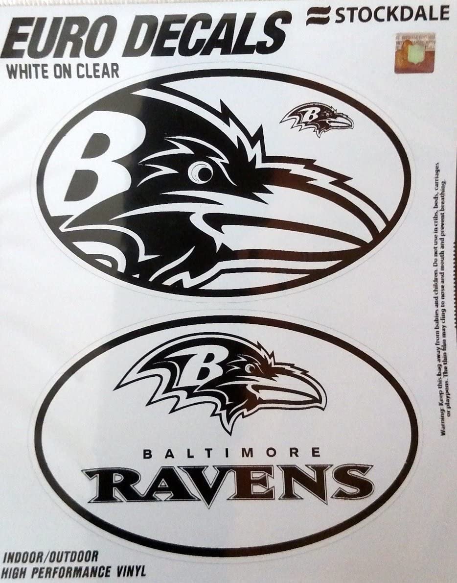 Baltimore Ravens 2-Piece White and Clear Euro Decal Sticker Set, 4x2.5 Inch Each