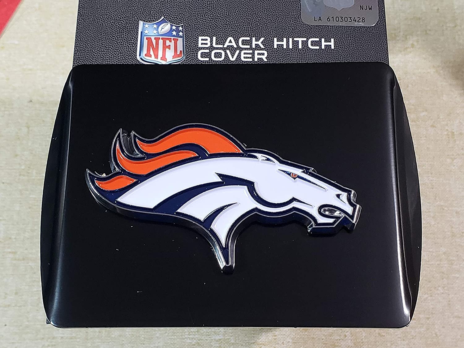 Denver Broncos Hitch Cover Black Solid Metal with Raised Color Metal Emblem 2" Square Type III