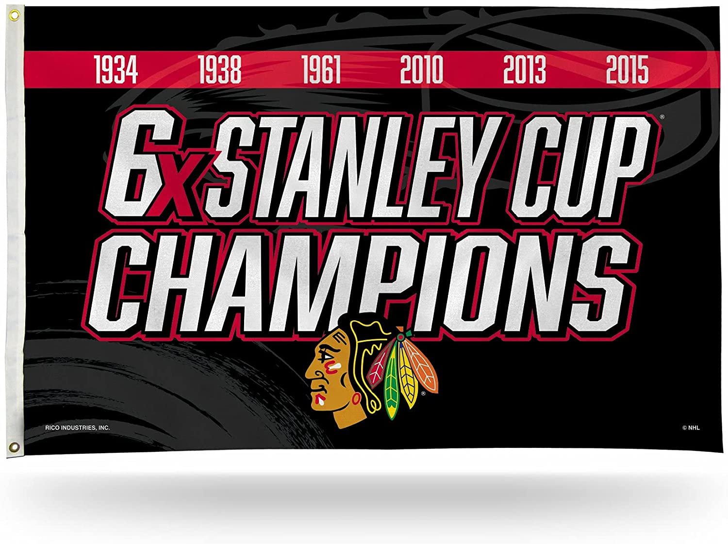 Chicago Blackhawks 3x5 Feet Flag Banner, 6X Time Champions, Metal Grommets, Outdoor House