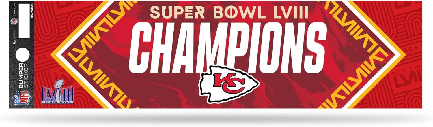 Kansas City Chiefs 2024 Super Bowl Champions Bumper Sticker, 3x12 Inch, Full Adhesive Backing, Flat Vinyl, Officially Licensed
