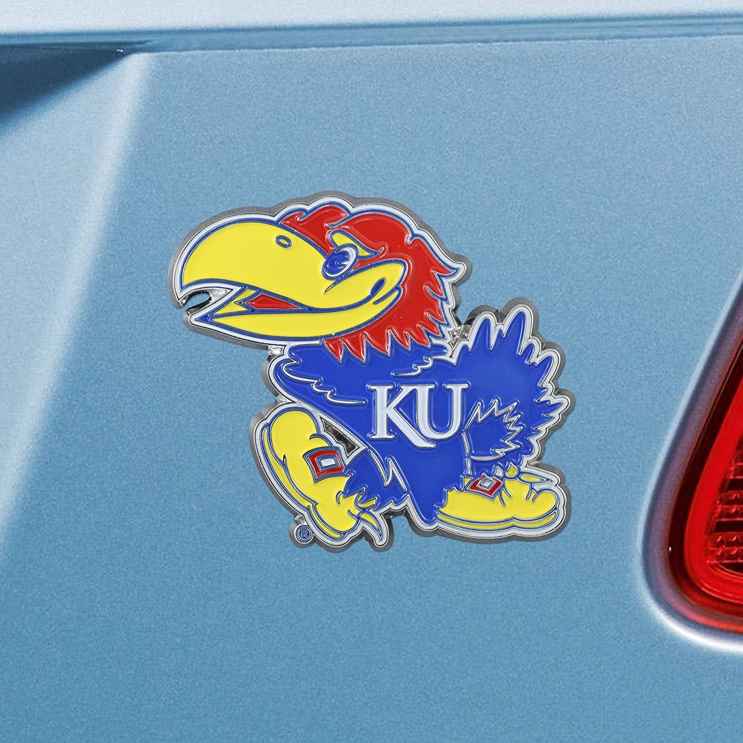 University of Kansas Jayhawks Premium Solid Metal Raised Auto Emblem, Team Color, Shape Cut, Adhesive Backing