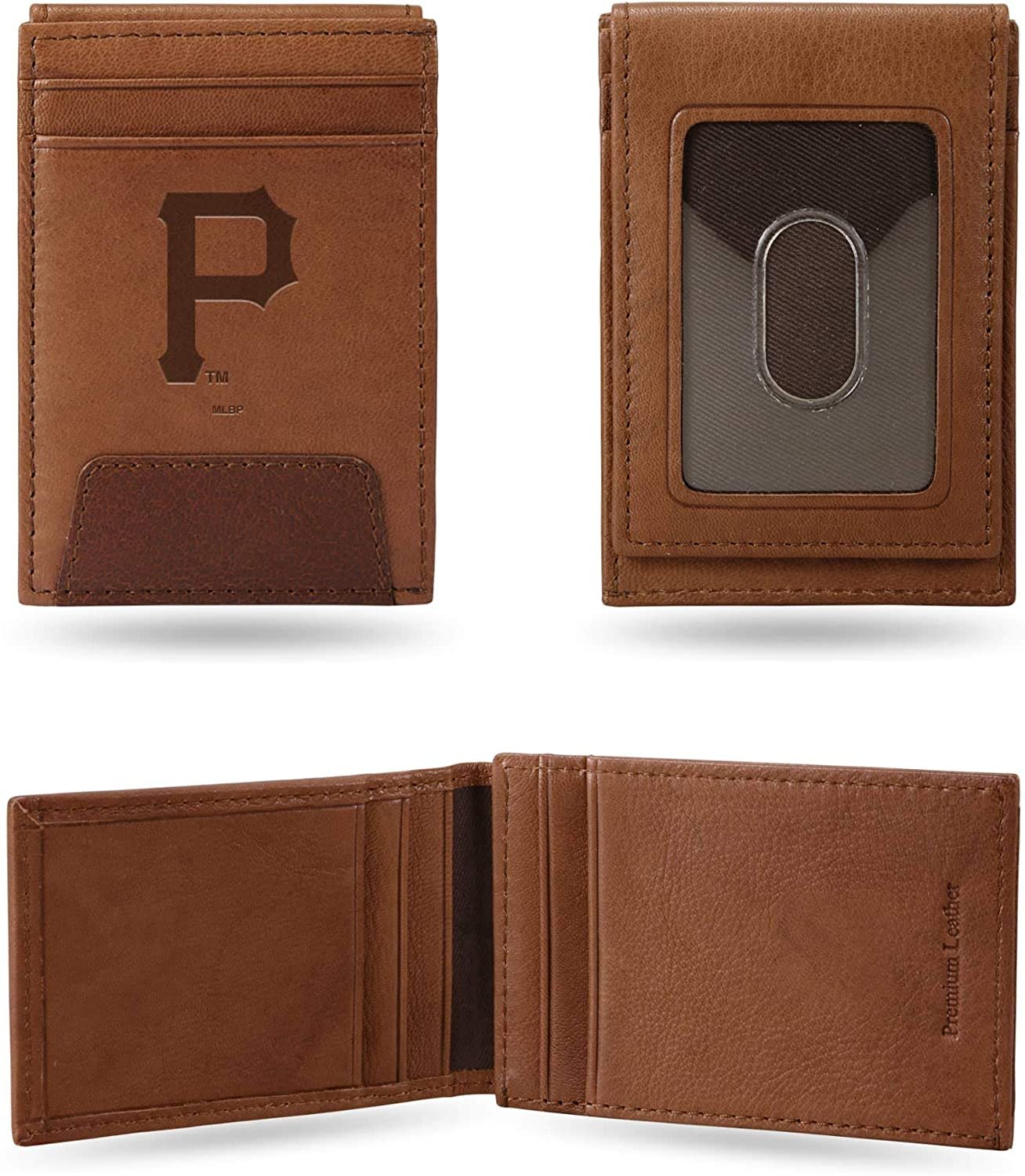 Pittsburgh Pirates Premium Brown Leather Wallet, Front Pocket Magnetic Money Clip, Laser Engraved