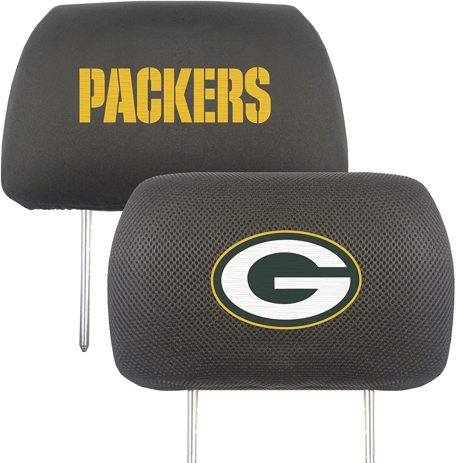 Green Bay Packers Pair of Premium Auto Head Rest Covers, Embroidered, Black Elastic, 14x10 Inch