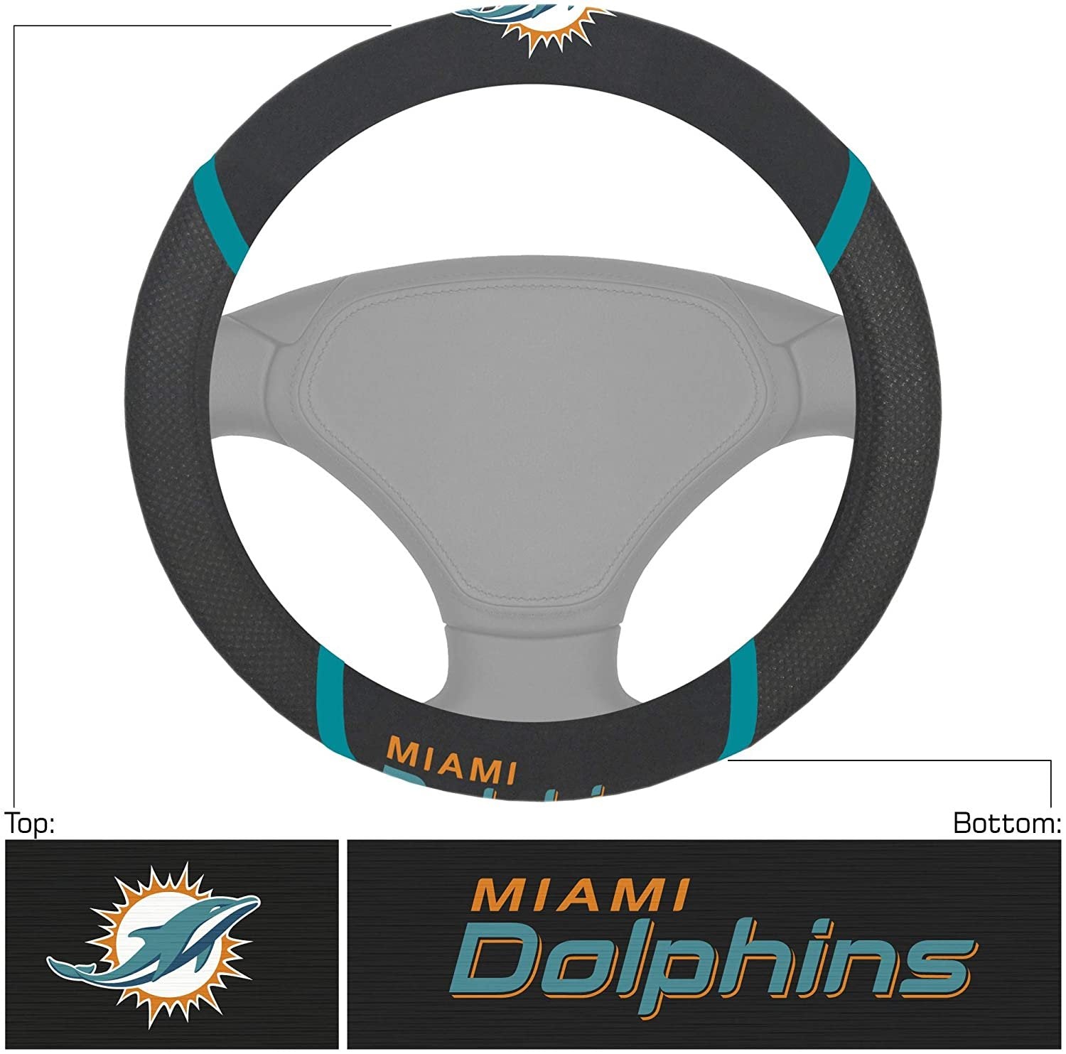 Miami Dolphins Premium 15 Inch Black Emroidered Steering Wheel Cover
