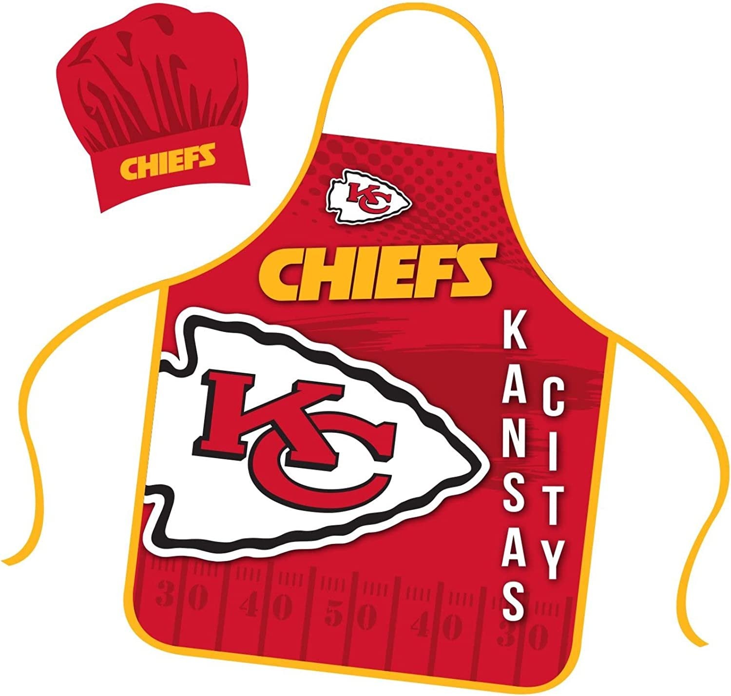 Kansas City Chiefs Apron Chef Hat Set Full Color Universal Size Tie Back Grilling Tailgate BBQ Cooking Host