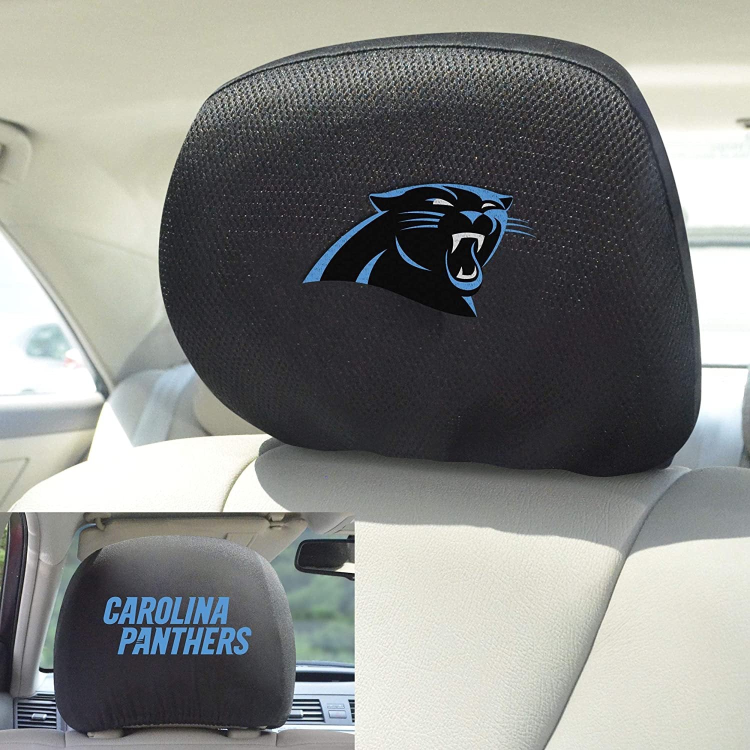 Carolina Panthers Pair of Premium Auto Head Rest Covers, Embroidered, Black Elastic, 14x10 Inch
