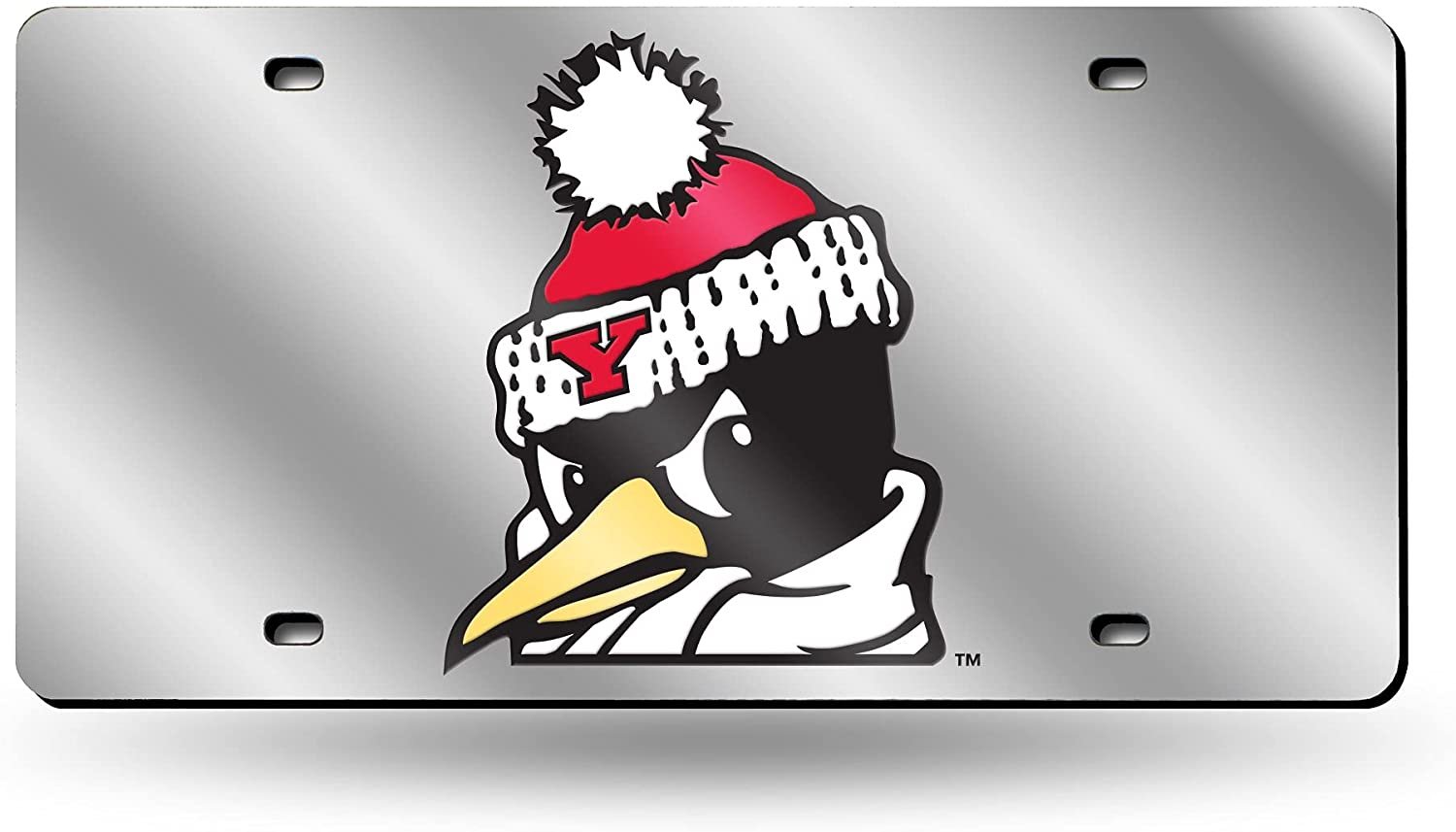 Youngstown State University Penguins Laser Cut Tag License Plate, Mirrored Acrylic Inlaid, 12x6 Inch