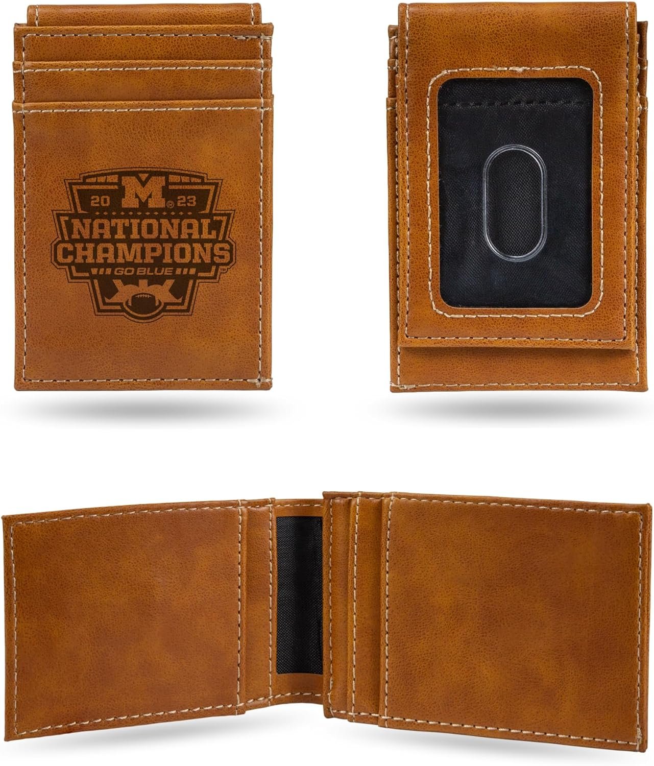 University of Michigan Wolverines 2024 Champions Premium Brown Leather Wallet, Front Pocket Magnetic Money Clip, Laser Engraved, Vegan