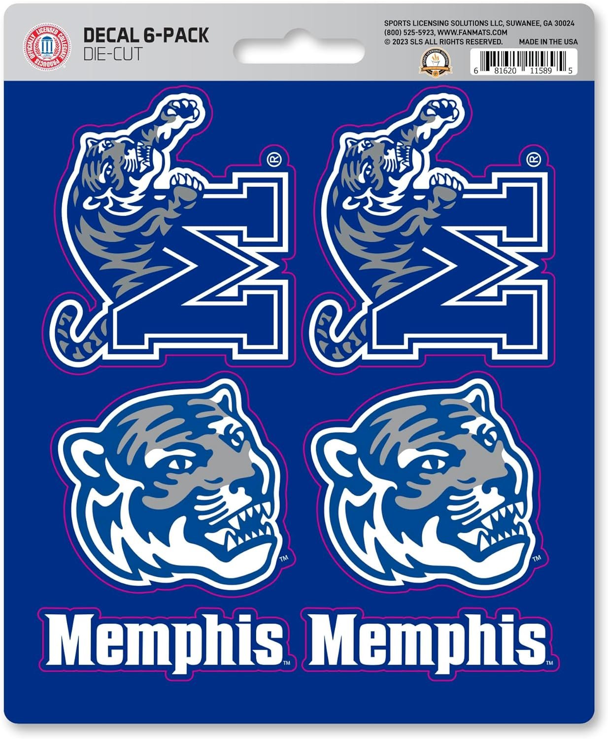 University of Memphis Tigers 6-Piece Decal Sticker Set, 5x6 Inch Sheet, Gift for football fans for any hard surfaces around home, automotive, personal items