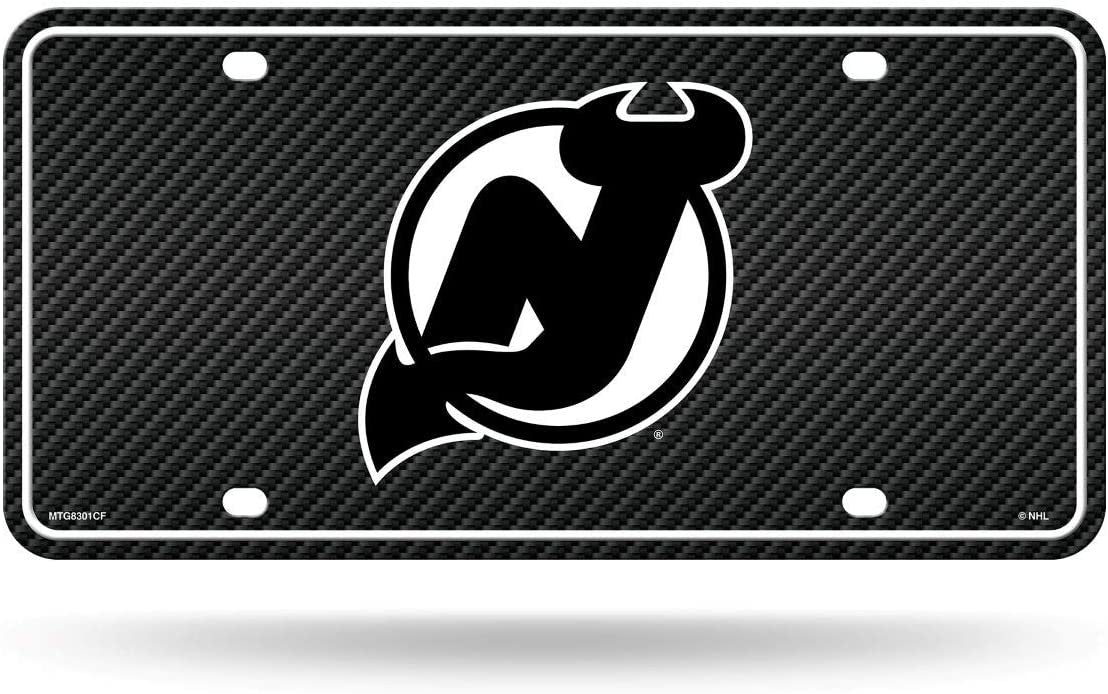 New Jersey Devils Metal Auto Tag License Plate, Carbon Fiber Design, 6x12 Inch