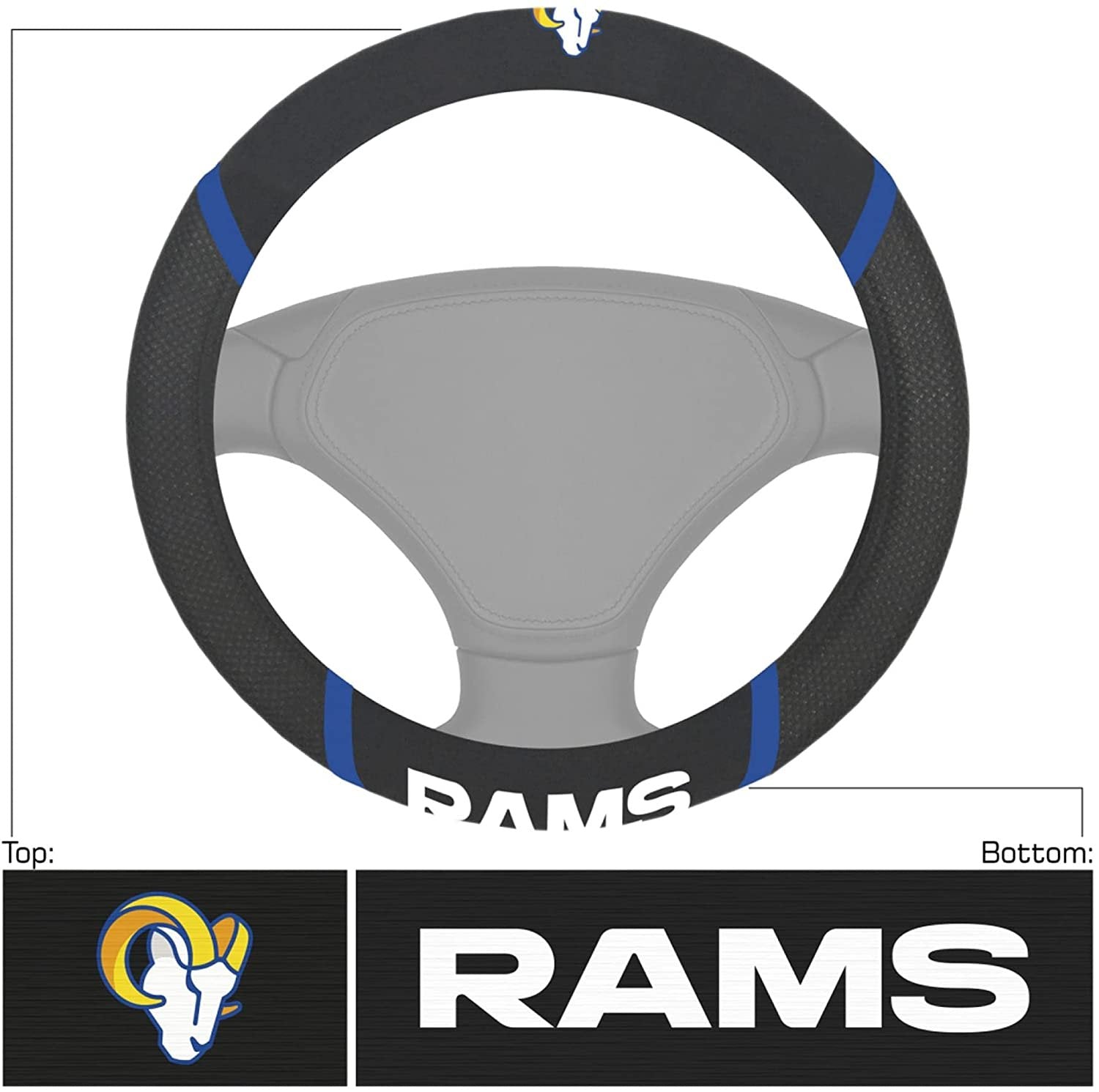 Los Angeles Rams Steering Wheel Cover Premium Black Embroidered 15 Inch