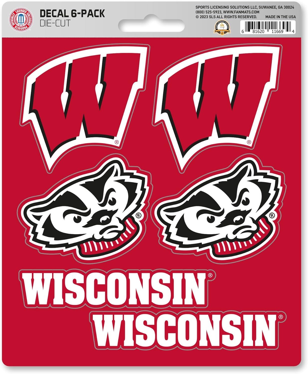 University of Wisconsin Badgers 6-Piece Decal Sticker Set, 5x6 Inch Sheet, Gift for football fans for any hard surfaces around home, automotive, personal items