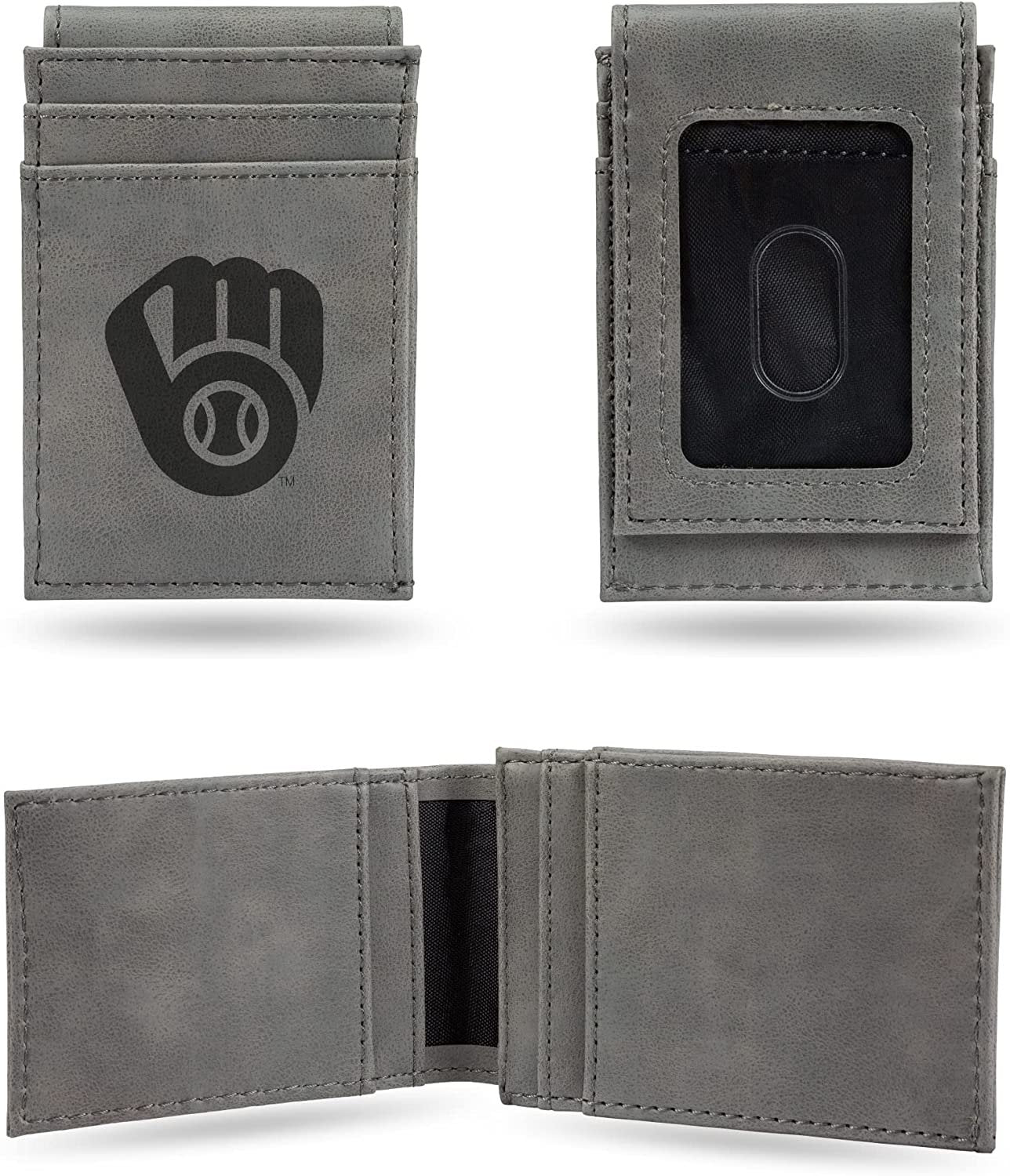 Milwaukee Brewers Premium Gray Leather Wallet, Front Pocket Magnetic Money Clip, Laser Engraved