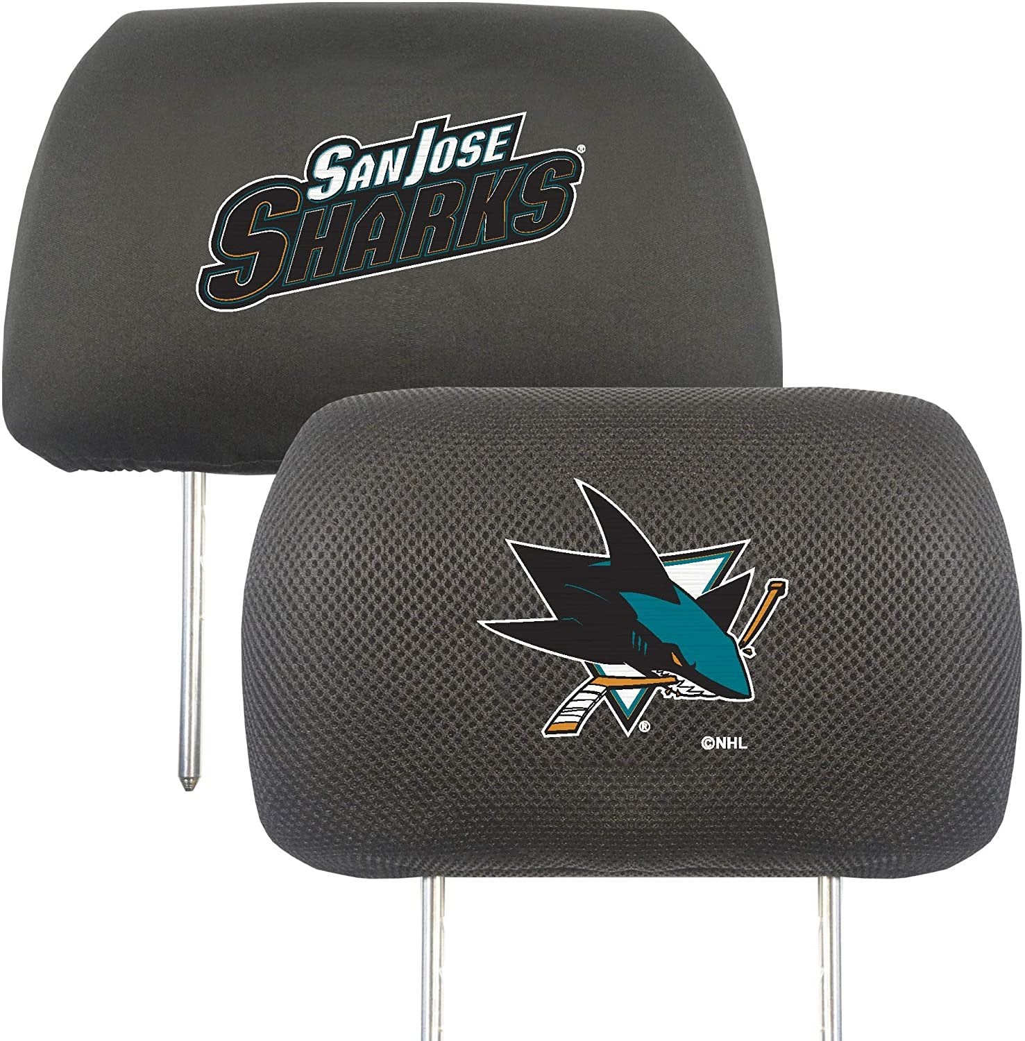 San Jose Sharks Pair of Premium Auto Head Rest Covers, Embroidered, Black Elastic, 14x10 Inch