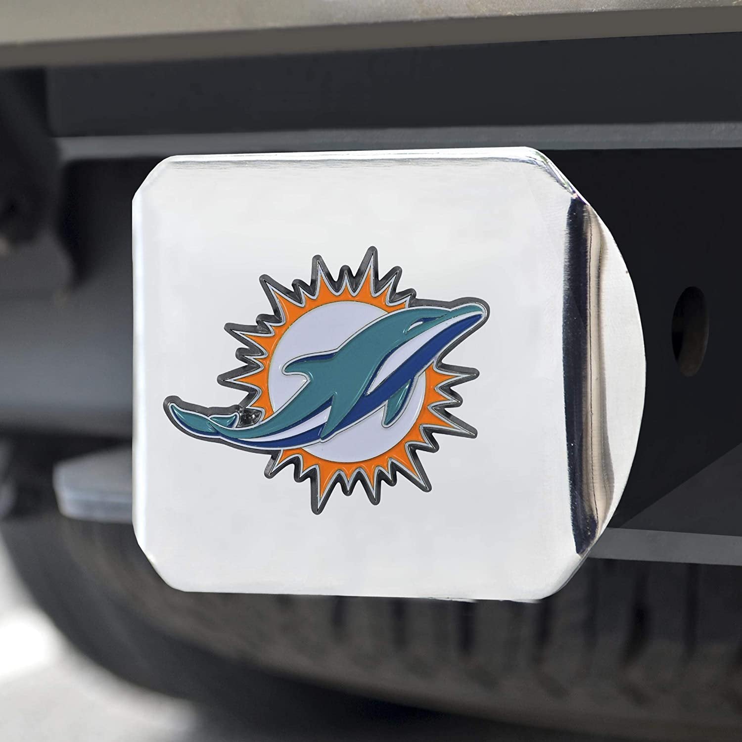 Miami Dolphins Hitch Cover Solid Metal with Raised Color Metal Emblem 2" Square Type III