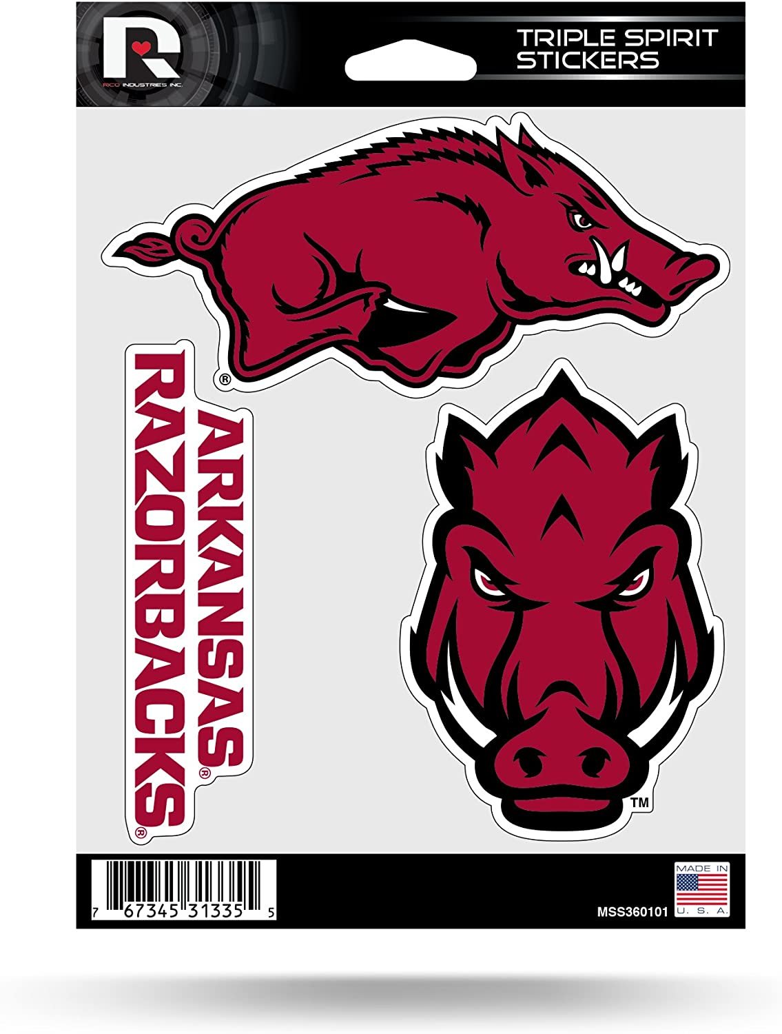 University of Arkansas Razorbacks Sticker Decal Sheet 3-Piece Die Cut 5x7 Inch