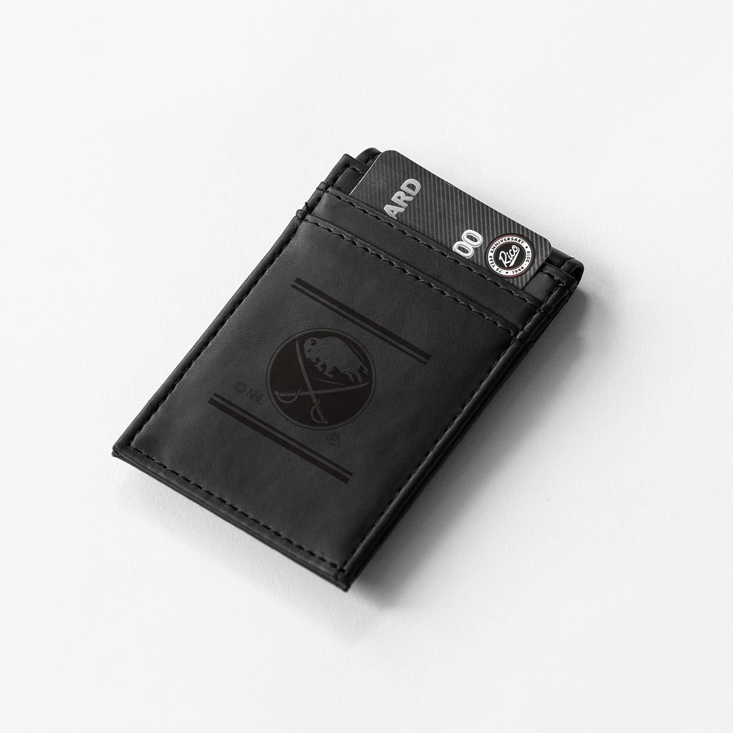 Buffalo Sabres Premium Black Leather Wallet, Front Pocket Magnetic Money Clip, Laser Engraved, Vegan