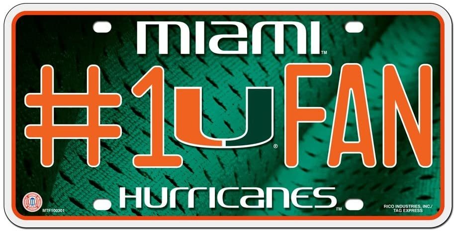 University of Miami Hurricanes Metal Auto Tag License Plate, #1 Fan Design, 6x12 Inch