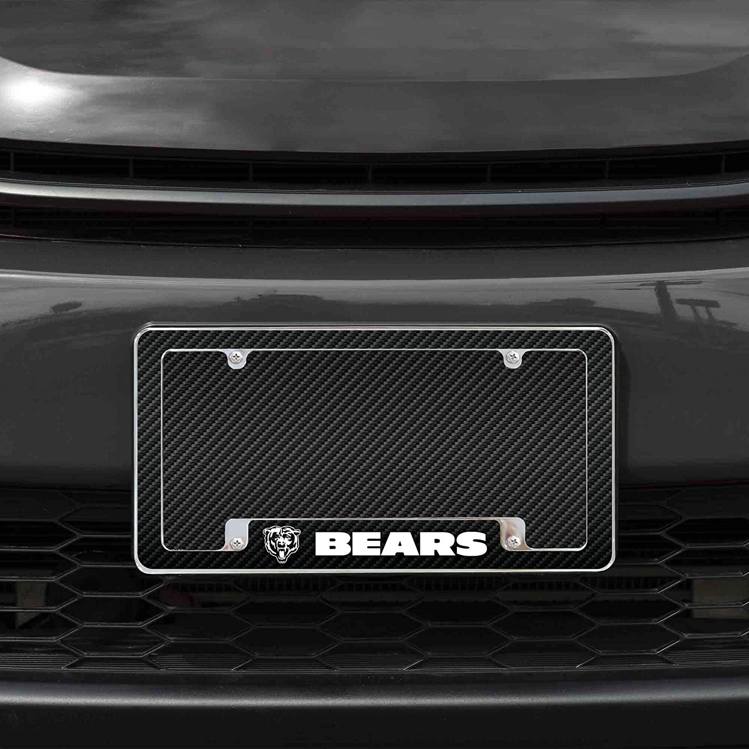 Chicago Bears Metal License Plate Frame Chrome Tag Cover Carbon Fiber Design 6x12 Inch
