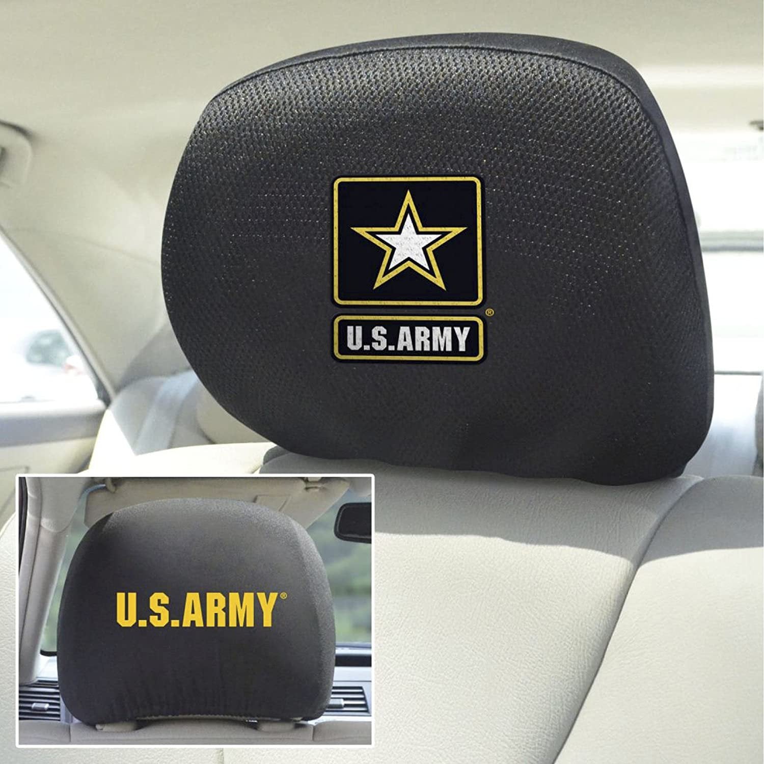 United States Army Military Pair of Premium Auto Head Rest Covers, Embroidered, Black Elastic, 14x10 Inch