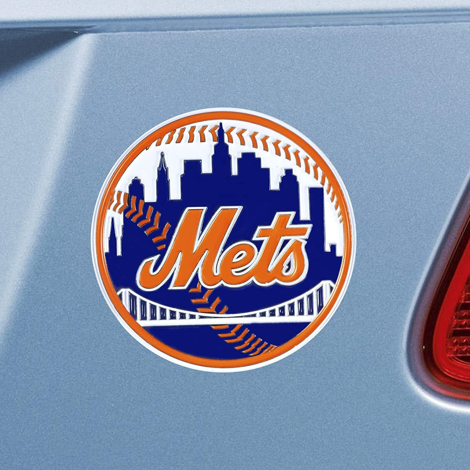 New York Mets Premium Solid Metal Raised Auto Emblem, Team Color, Shape Cut, Adhesive Backing