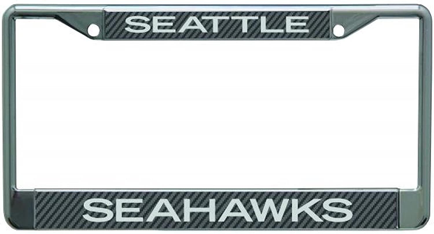 Seattle Seahawks Metal License Plate Frame Tag Cover, Inserts are Laser Cut Acrylic Carbon Fiber Design