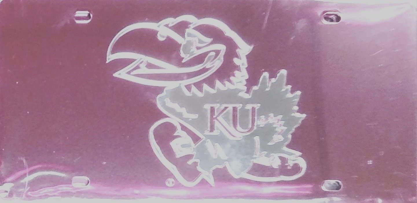 University of Kansas Jayhawks Premium Laser Cut Tag License Plate, Pink Design, Mirrored Acrylic Inlaid, 6x12 Inch