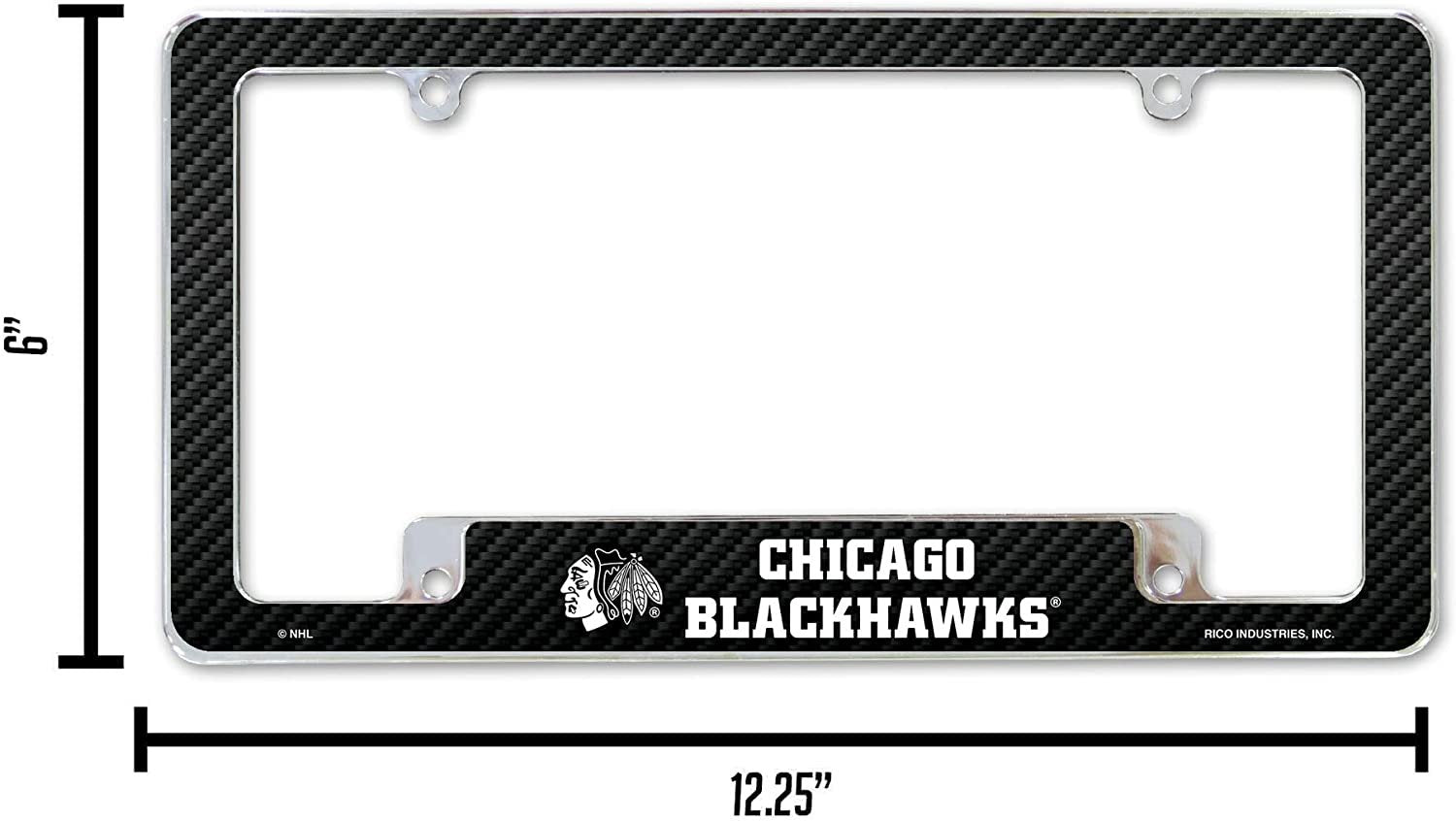 Chicago Blackhawks Metal License Plate Frame Chrome Tag Cover Carbon Fiber Design 6x12 Inch