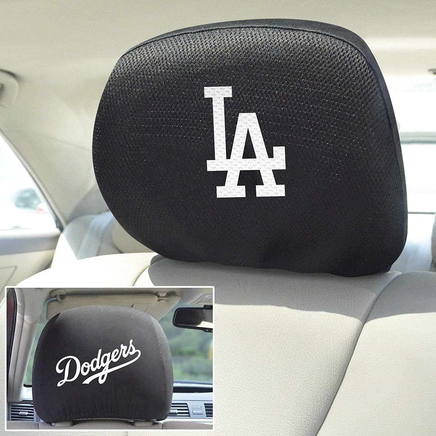 Los Angeles Dodgers Pair of Premium Auto Head Rest Covers, Embroidered, Black Elastic, 14x10 Inch