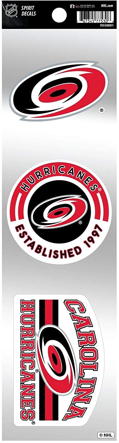 Carolina Hurricanes 3-Piece Retro Decal Sticker Sheet, Die Cut, Clear Backing, 3x12 Inch