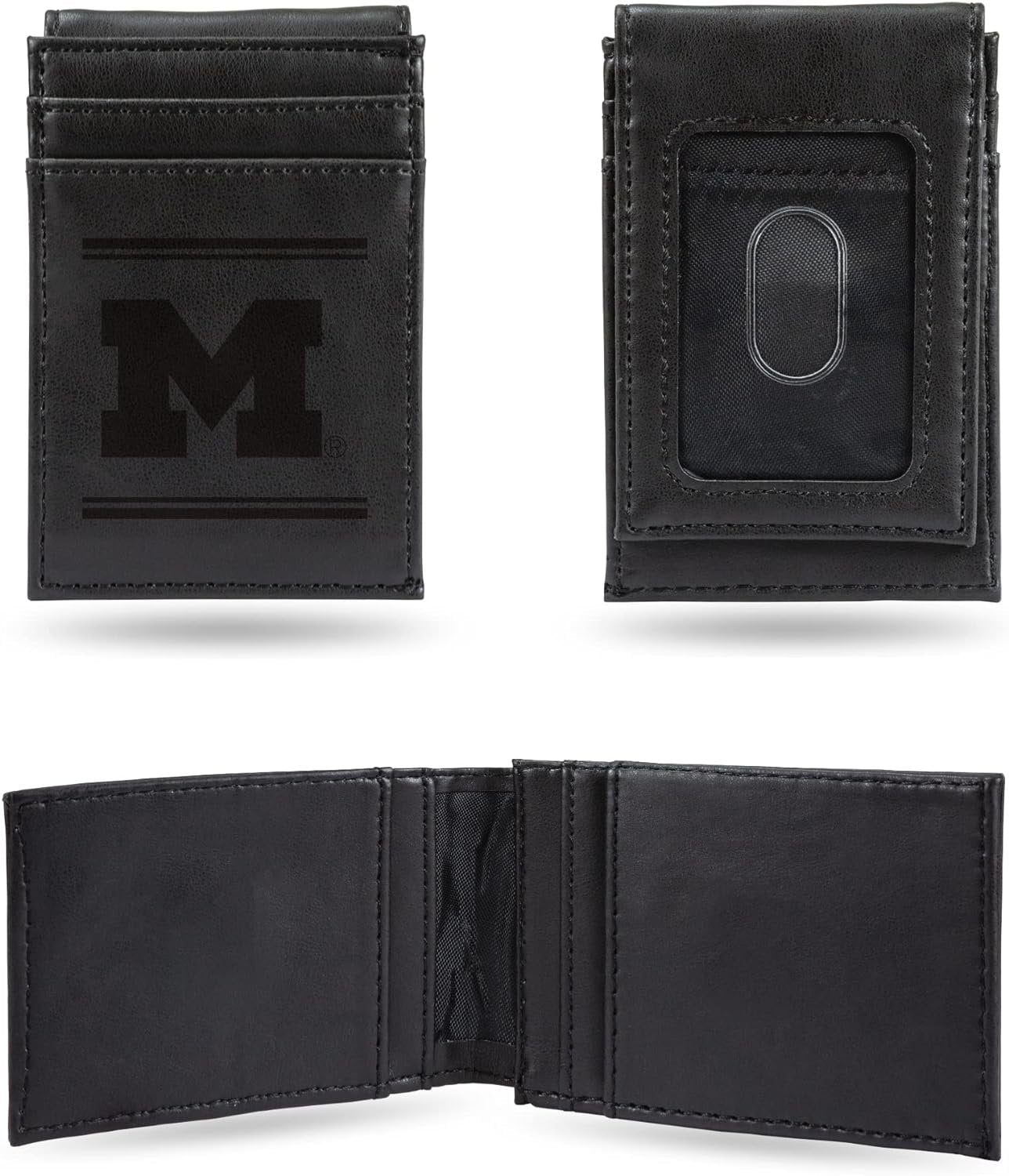 University of Michigan Wolverines Premium Black Leather Wallet, Front Pocket Magnetic Money Clip, Laser Engraved, Vegan
